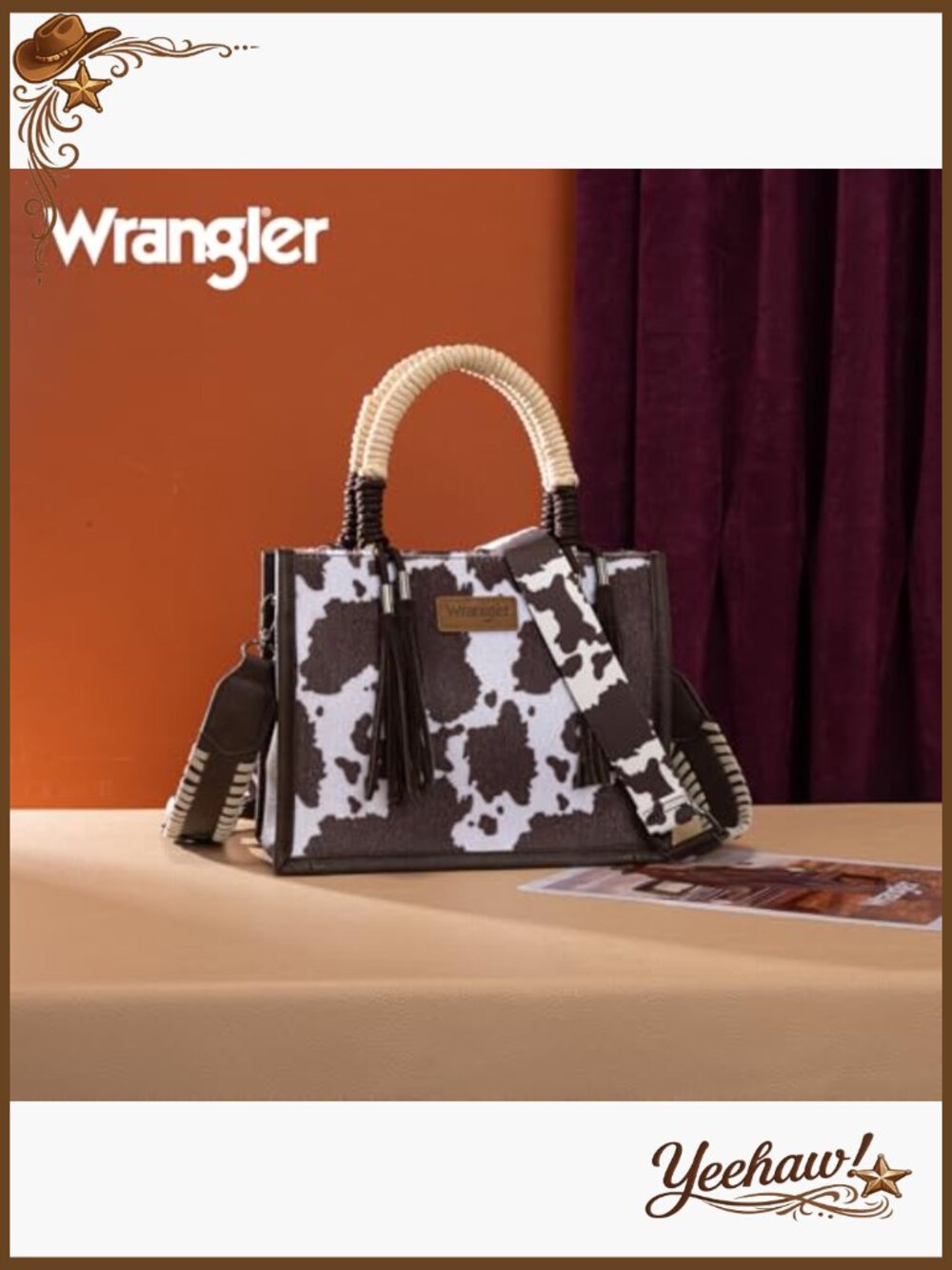 Cow Print Tote Bag with Fringe Crossbody Strap Western Satchel Purse for Women - Picture 3 of 7